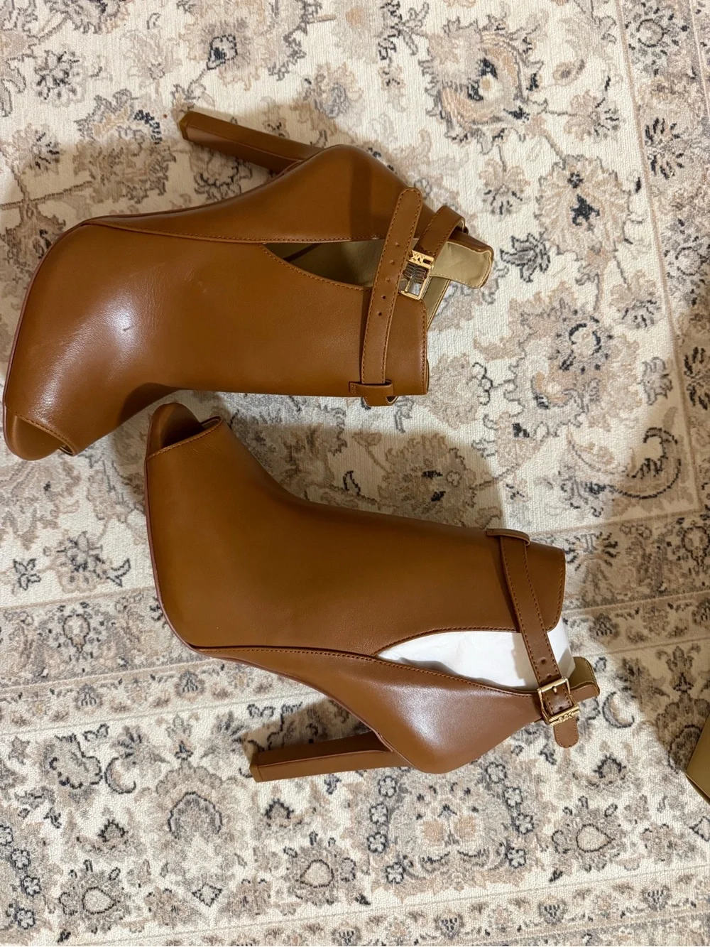Michael Kors Cognac Leather Peep-Toe Ankle Booties with Buckle Strap